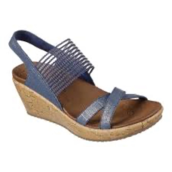 Skechers Women’s Beverlee High Tea Wedge Sandals with Denim Blue Straps Size 7.5 - Picture 1 of 9